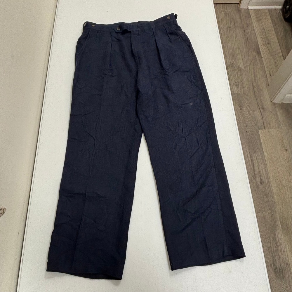 Polo Ralph Lauren Mens 33 Navy Blue 100% Linen Pleated Straight Leg Pants USA